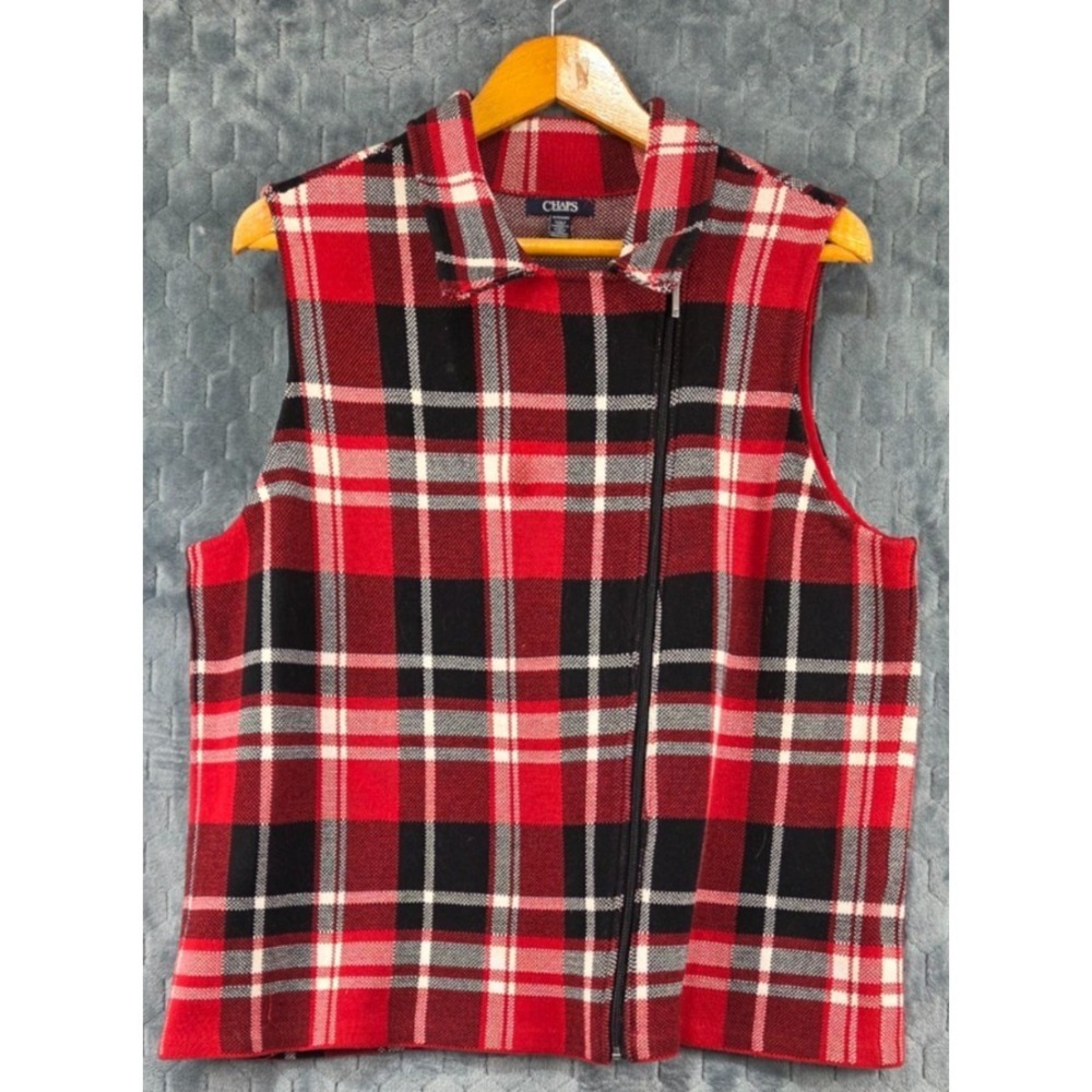 Chaps Vest Women 1X Red Multi Plaid Full Zip Knit Stretch Collared Cotton EUC